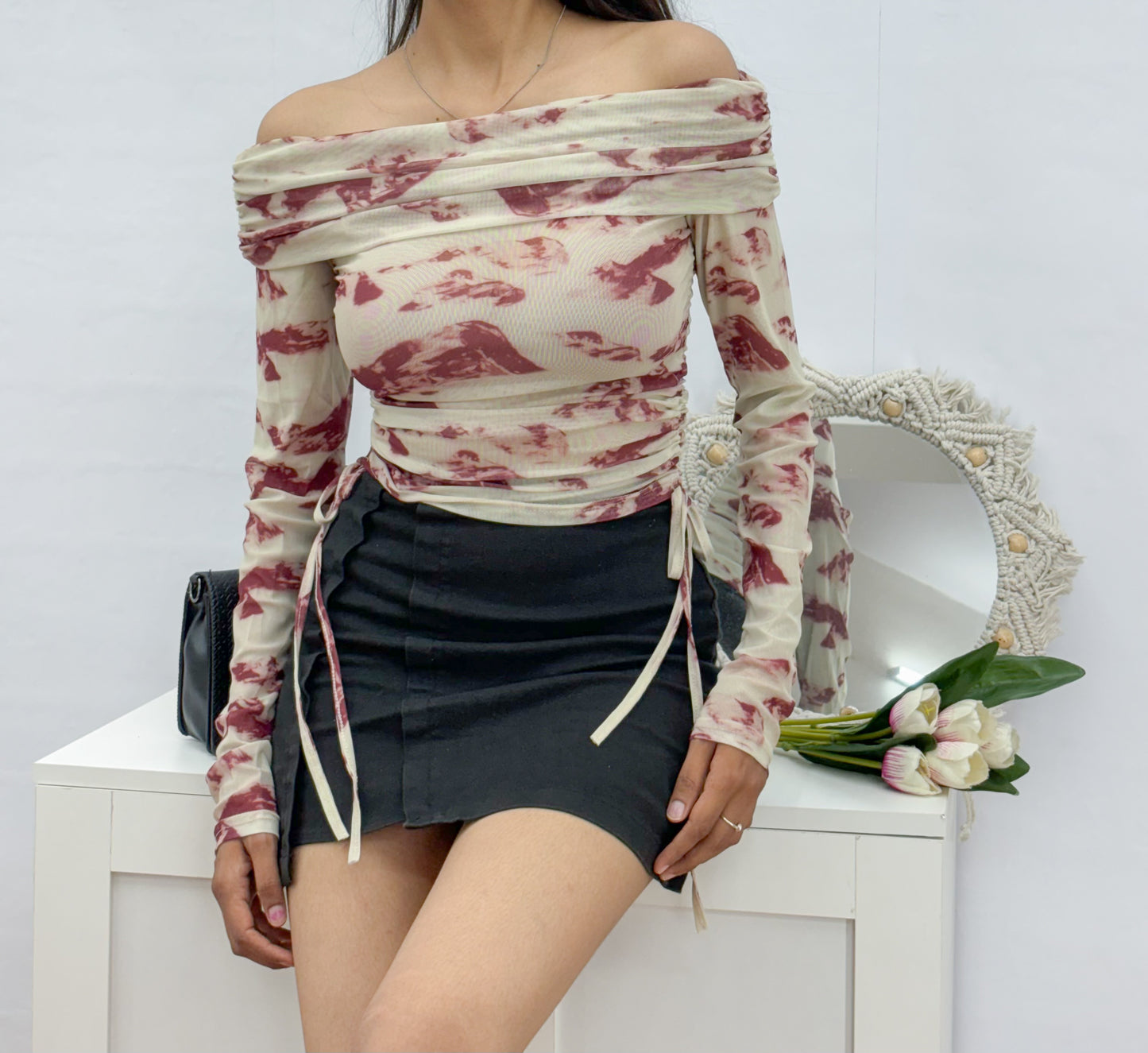 Red Off Shoulder Mesh Top For Women