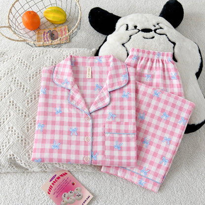 Pink Bow Gingham Full Sleeve 2 Piece Night Suit