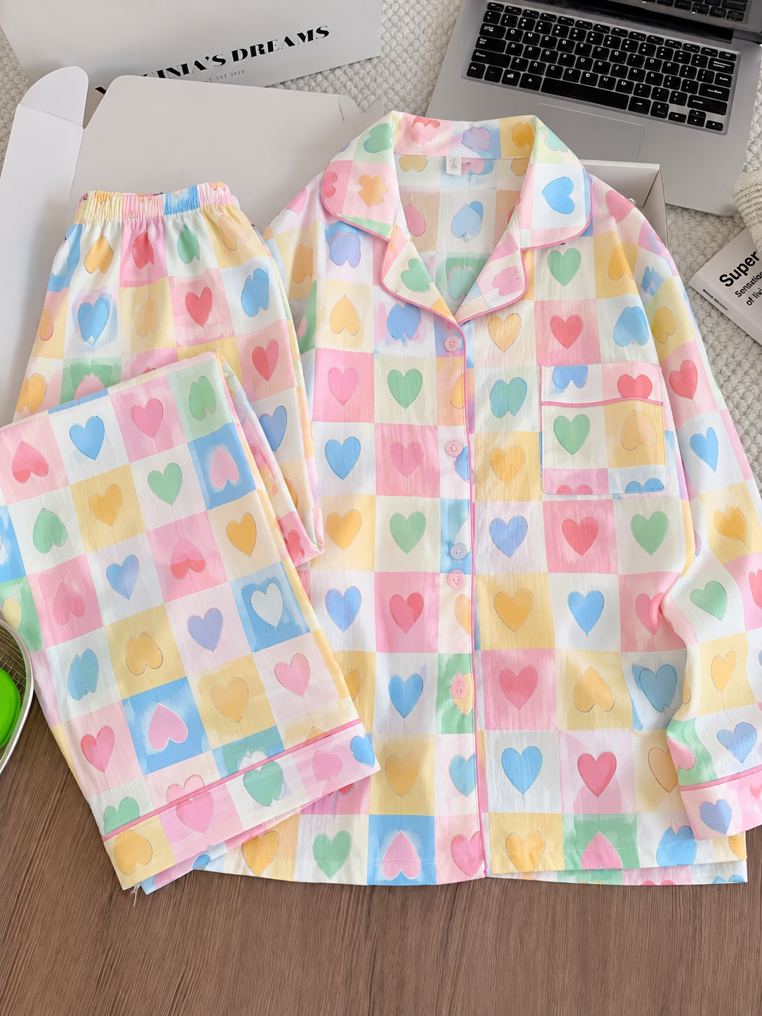Rainbow Hearts Full Sleeve 2 Piece Night Suit
