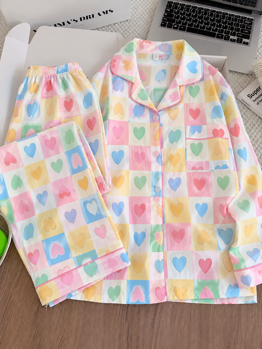 Rainbow Hearts Full Sleeve 2 Piece Night Suit