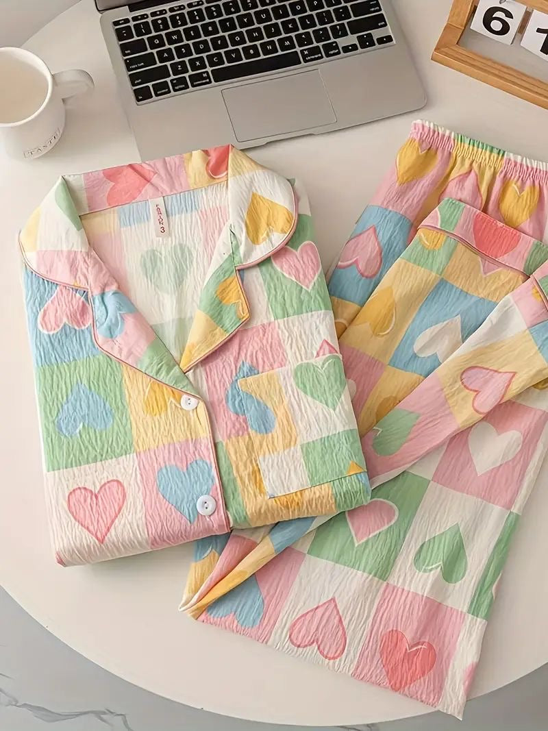 Rainbow Hearts Full Sleeve 2 Piece Night Suit