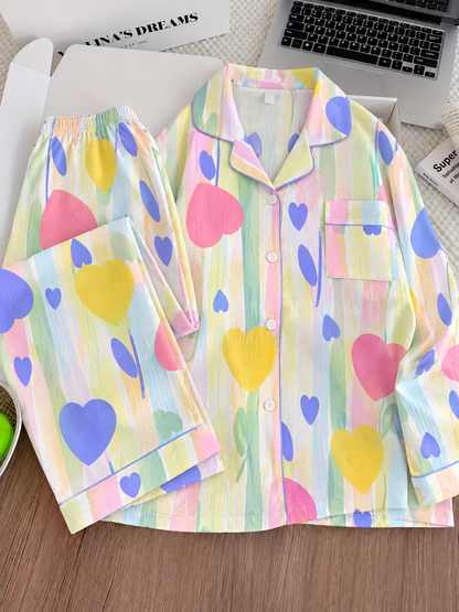 Color Splash Hearts Full Sleeve 2 Piece Night Suit
