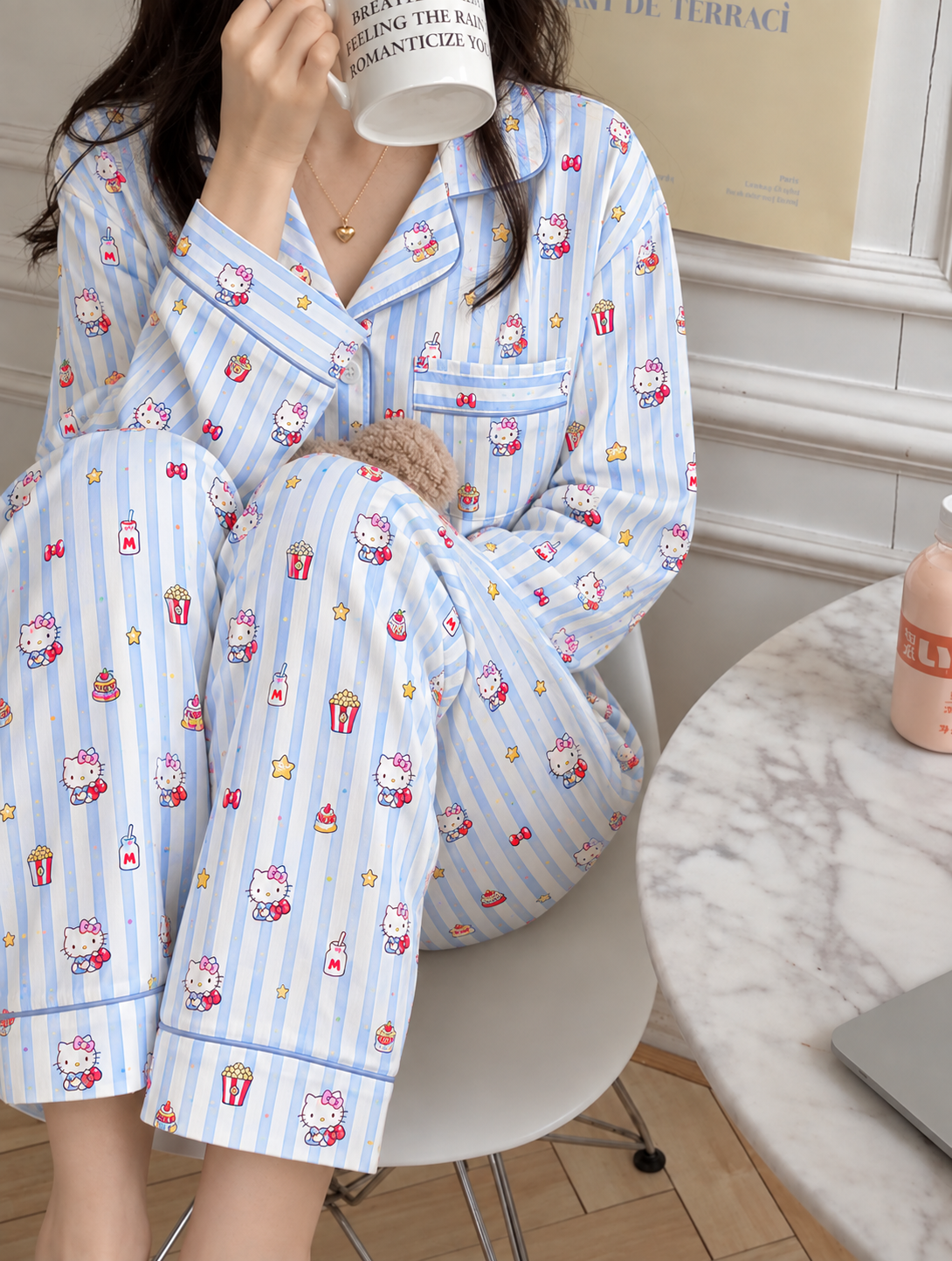 Blue Kitty Popcorn Full Sleeve 2 Piece Night Suit