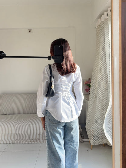 Basic White Fitted Corset Back Shirt