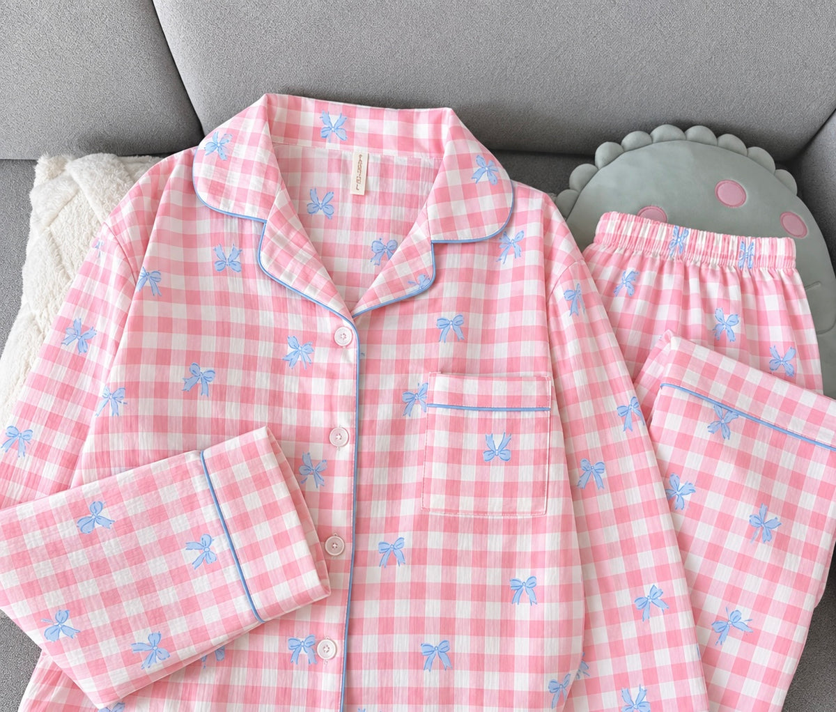 Pink Bow Gingham Full Sleeve 2 Piece Night Suit