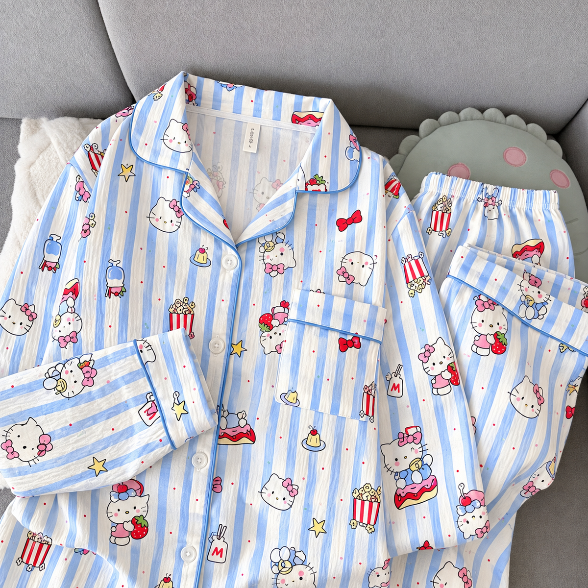 Blue Kitty Popcorn Full Sleeve 2 Piece Night Suit