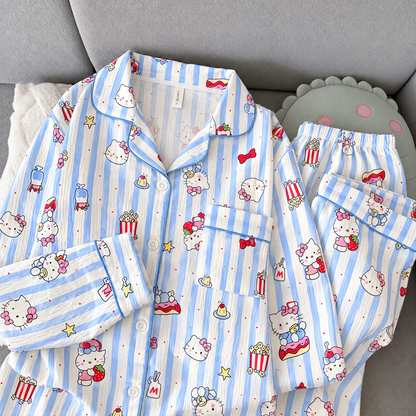 Blue Kitty Popcorn Full Sleeve 2 Piece Night Suit
