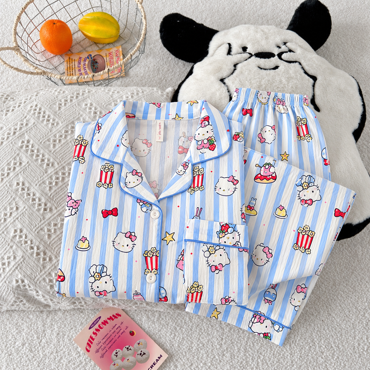 Blue Kitty Popcorn Full Sleeve 2 Piece Night Suit