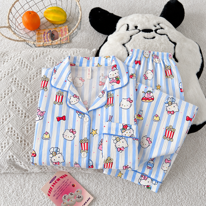 Blue Kitty Popcorn Full Sleeve 2 Piece Night Suit