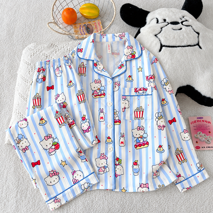 Blue Kitty Popcorn Full Sleeve 2 Piece Night Suit