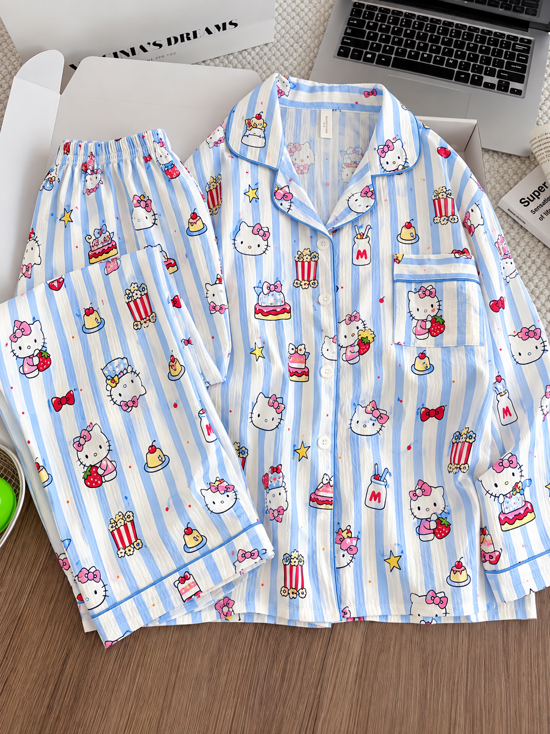 Blue Kitty Popcorn Full Sleeve 2 Piece Night Suit