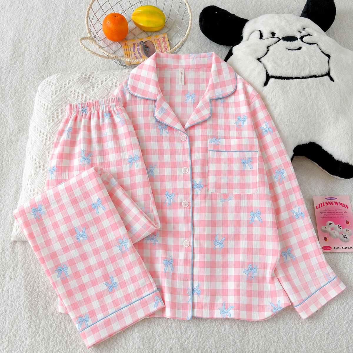 Pink Bow Gingham Full Sleeve 2 Piece Night Suit