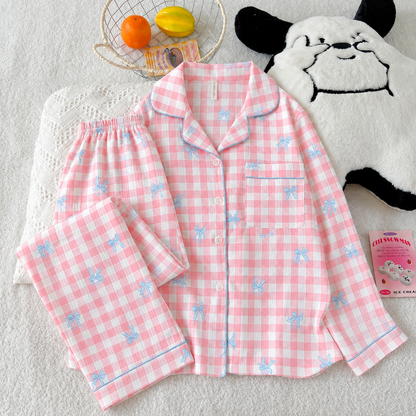 Pink Bow Gingham Full Sleeve 2 Piece Night Suit