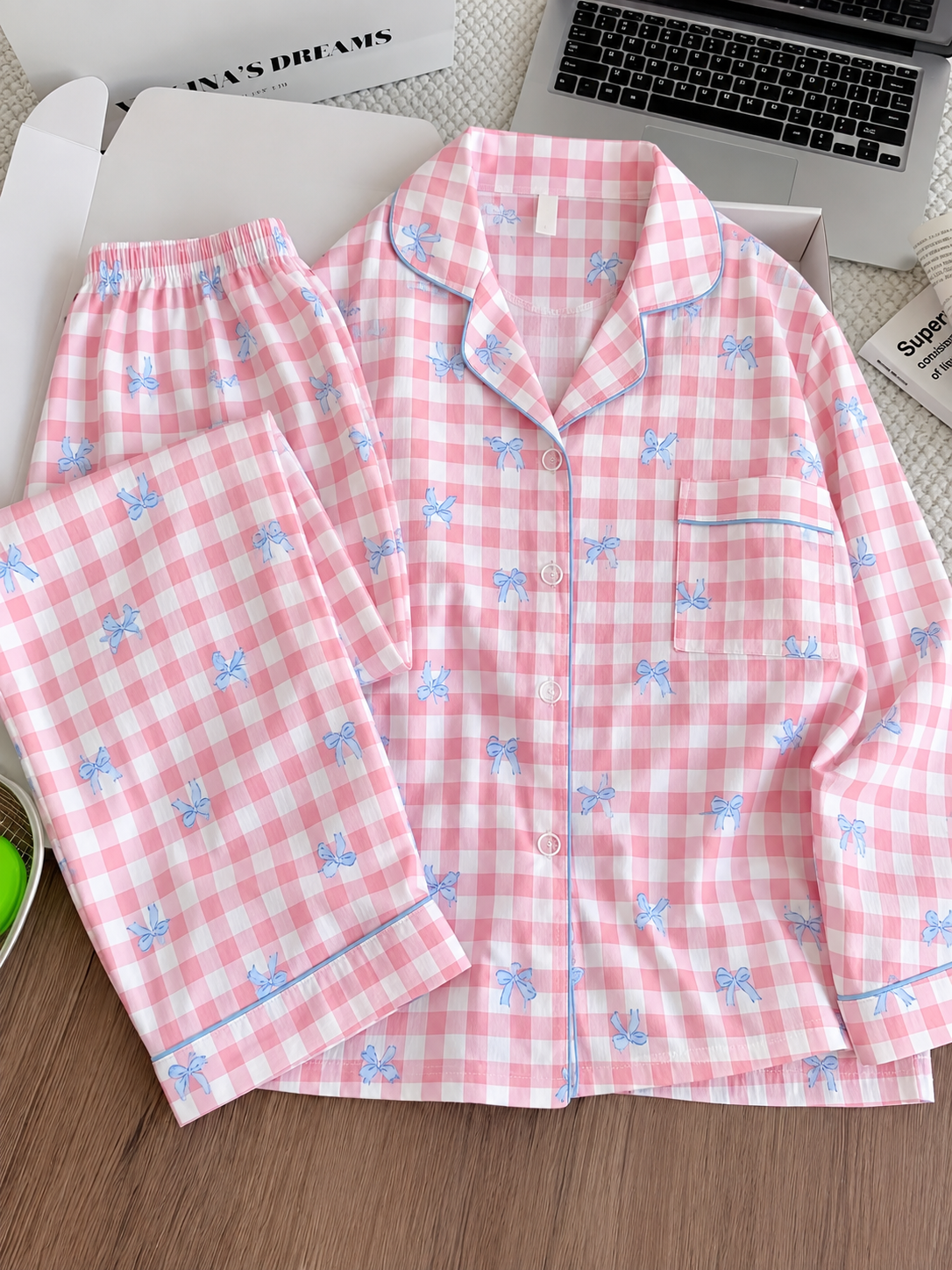 Pink Bow Gingham Full Sleeve 2 Piece Night Suit