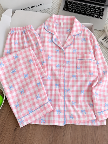 Pink Bow Gingham Full Sleeve 2 Piece Night Suit