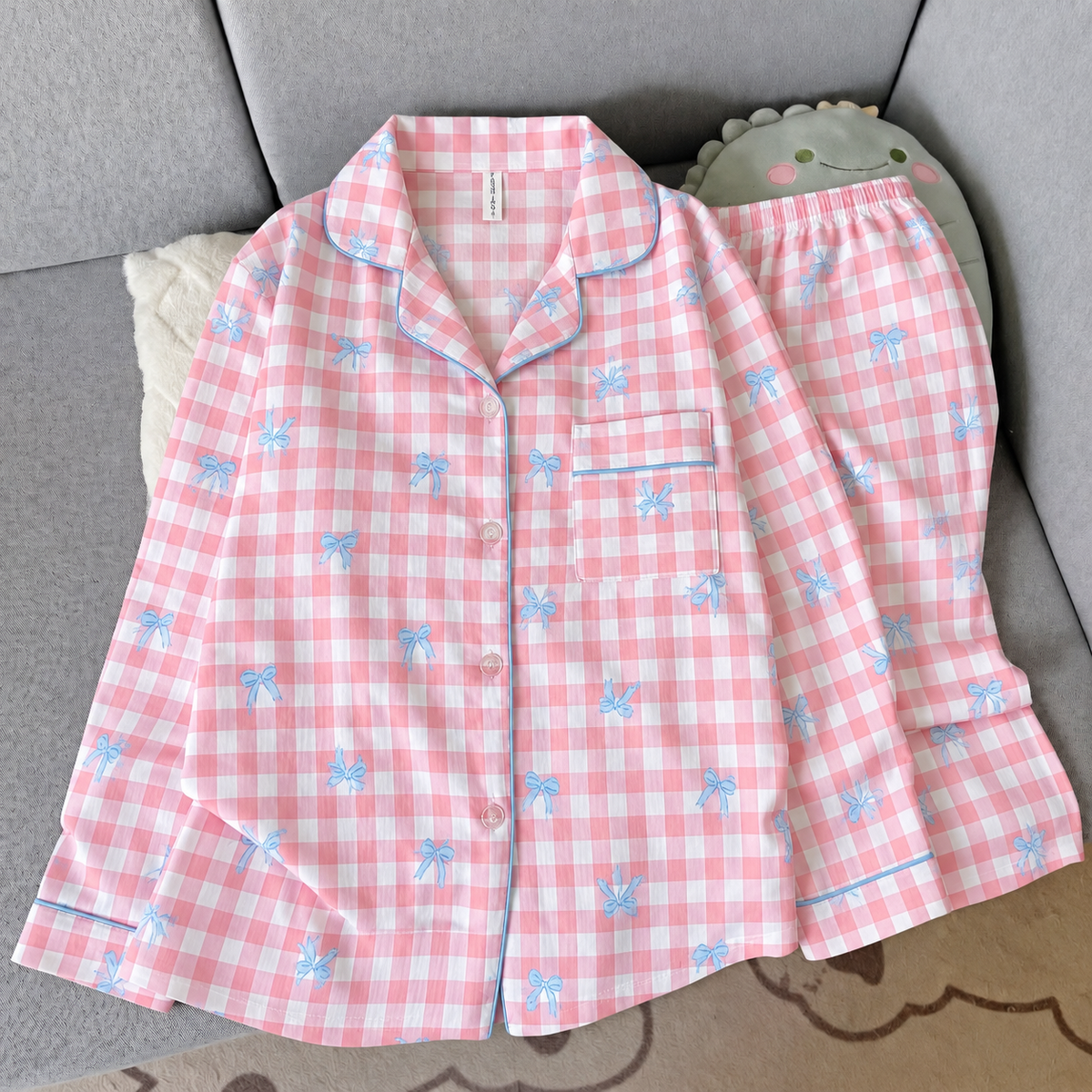 Pink Bow Gingham Full Sleeve 2 Piece Night Suit