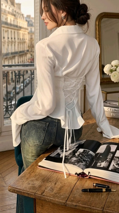 Basic White Fitted Corset Back Shirt