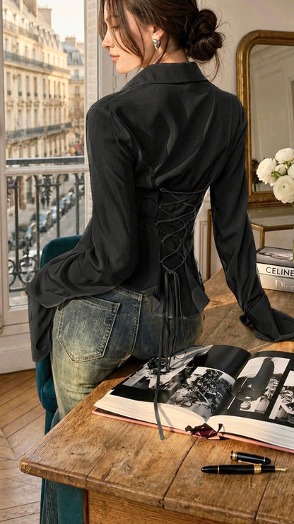 Basic Black Fitted Corset Back Shirt