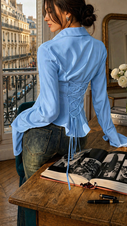 Basic Blue Fitted Corset Back Shirt