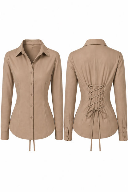 Basic Camel Beige Fitted Corset Back Shirt