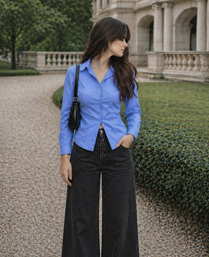 Basic Blue Fitted Corset Back Shirt