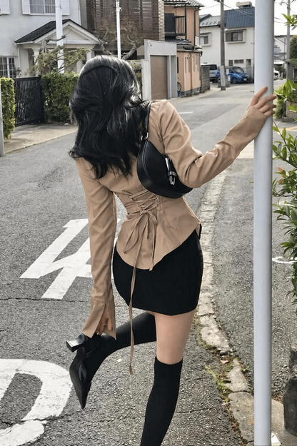 Basic Camel Beige Fitted Corset Back Shirt