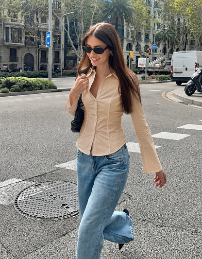 Basic Beige Fitted Corset Back Shirt