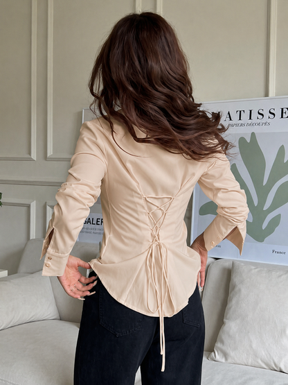 Basic Beige Fitted Corset Back Shirt