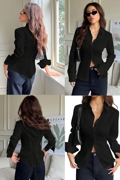 Basic Black Fitted Corset Back Shirt