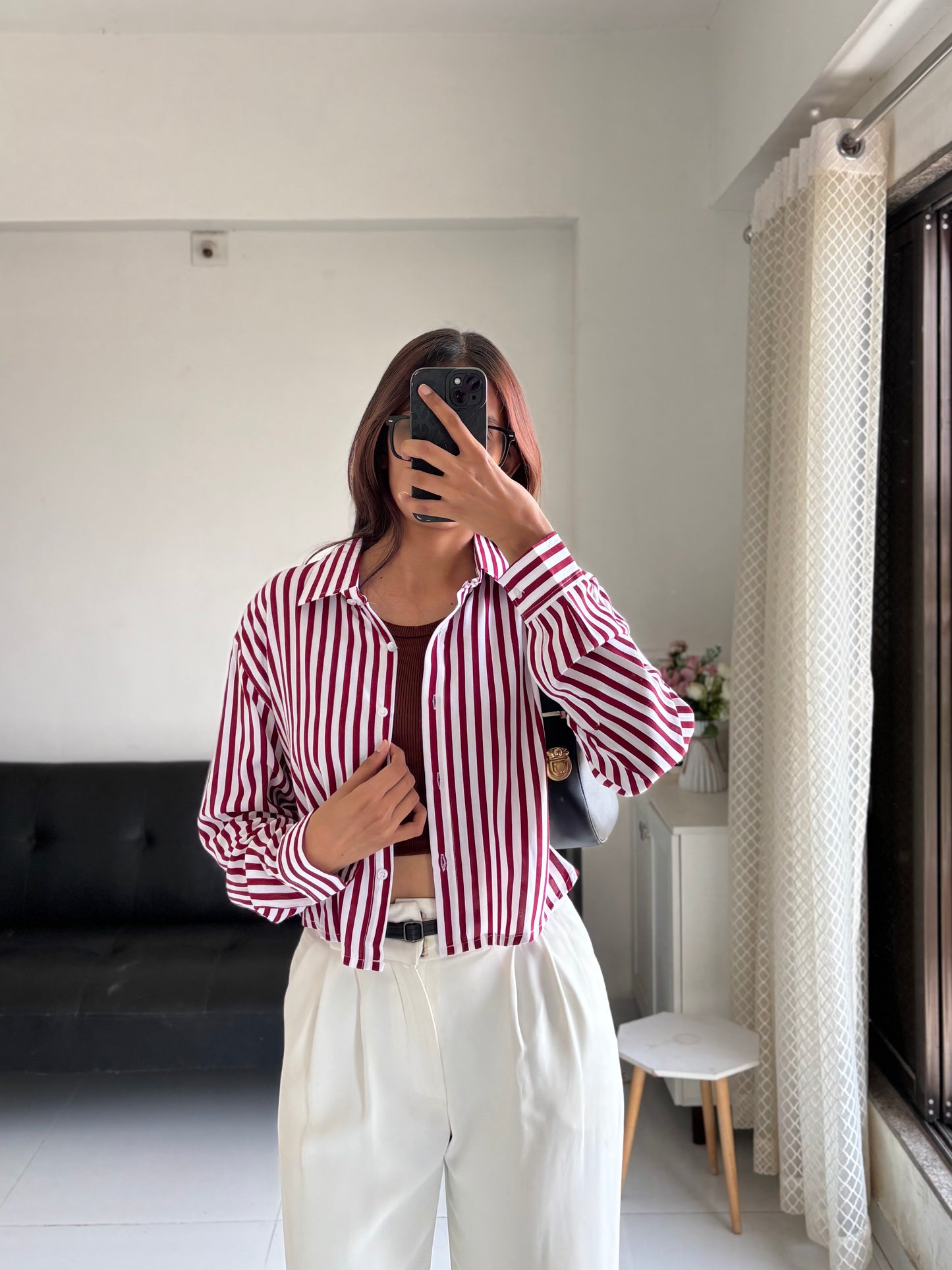 Berry Red Striped Crop Shirt