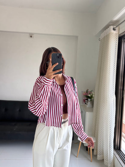 Berry Red Striped Crop Shirt