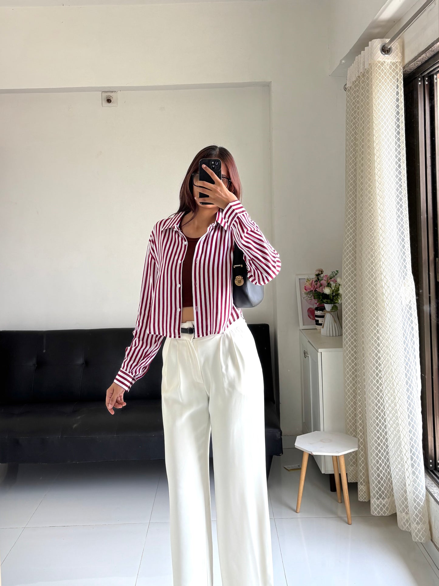 Berry Red Striped Crop Shirt