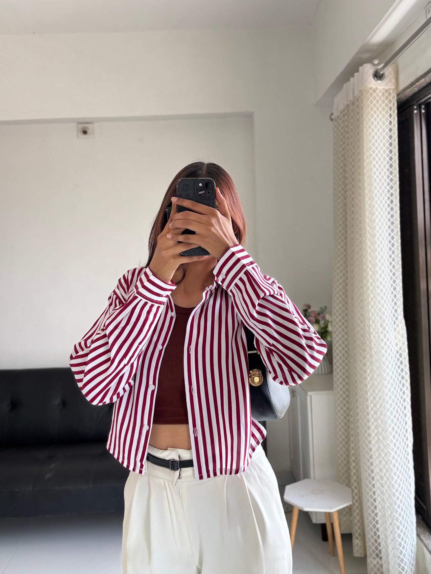 Berry Red Striped Crop Shirt