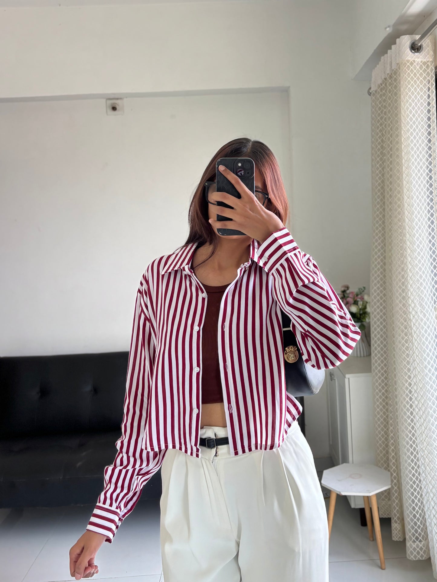 Berry Red Striped Crop Shirt