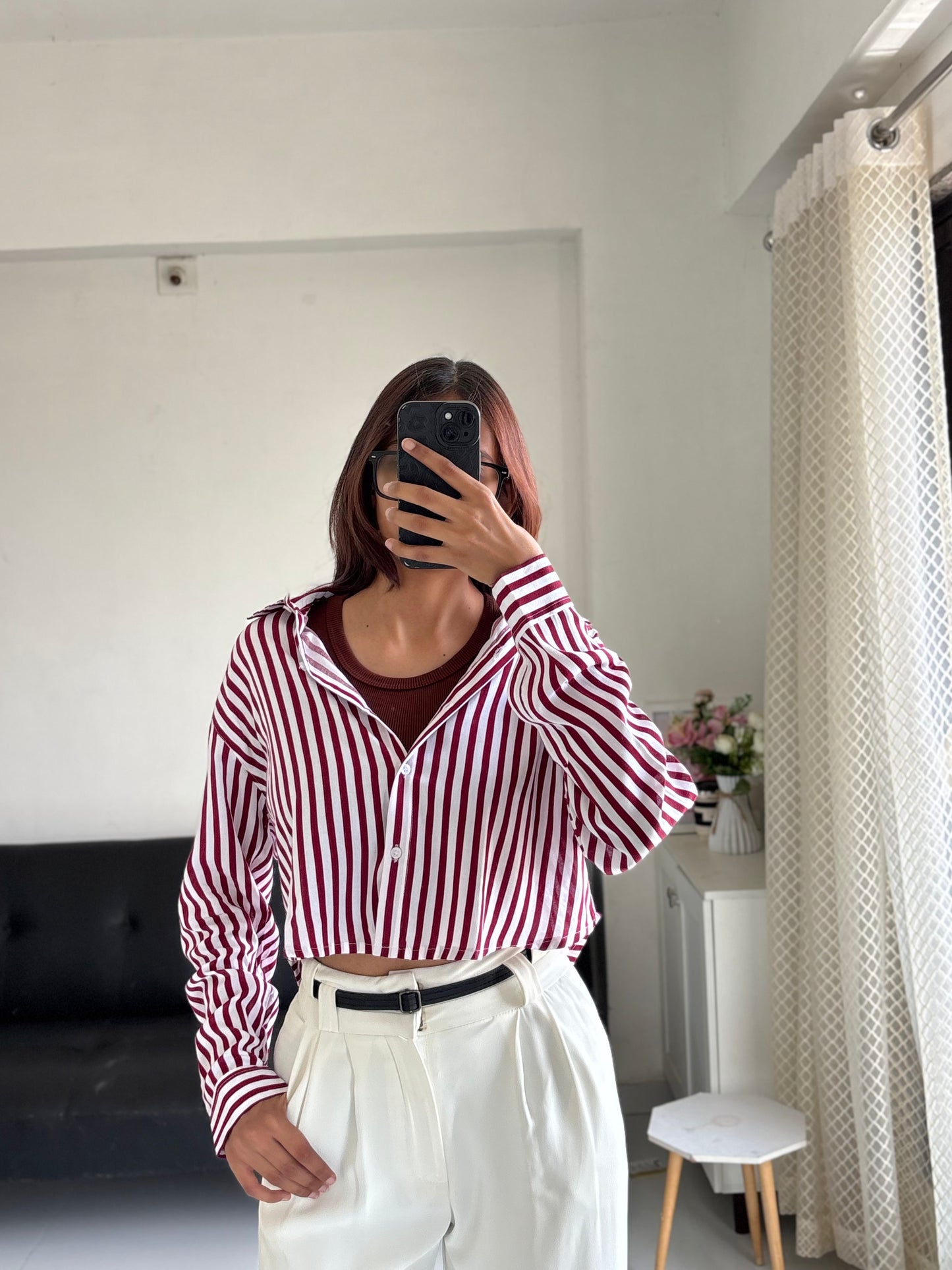 Berry Red Striped Crop Shirt