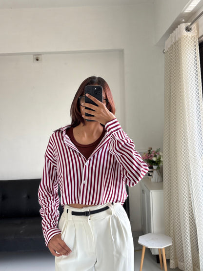 Berry Red Striped Crop Shirt