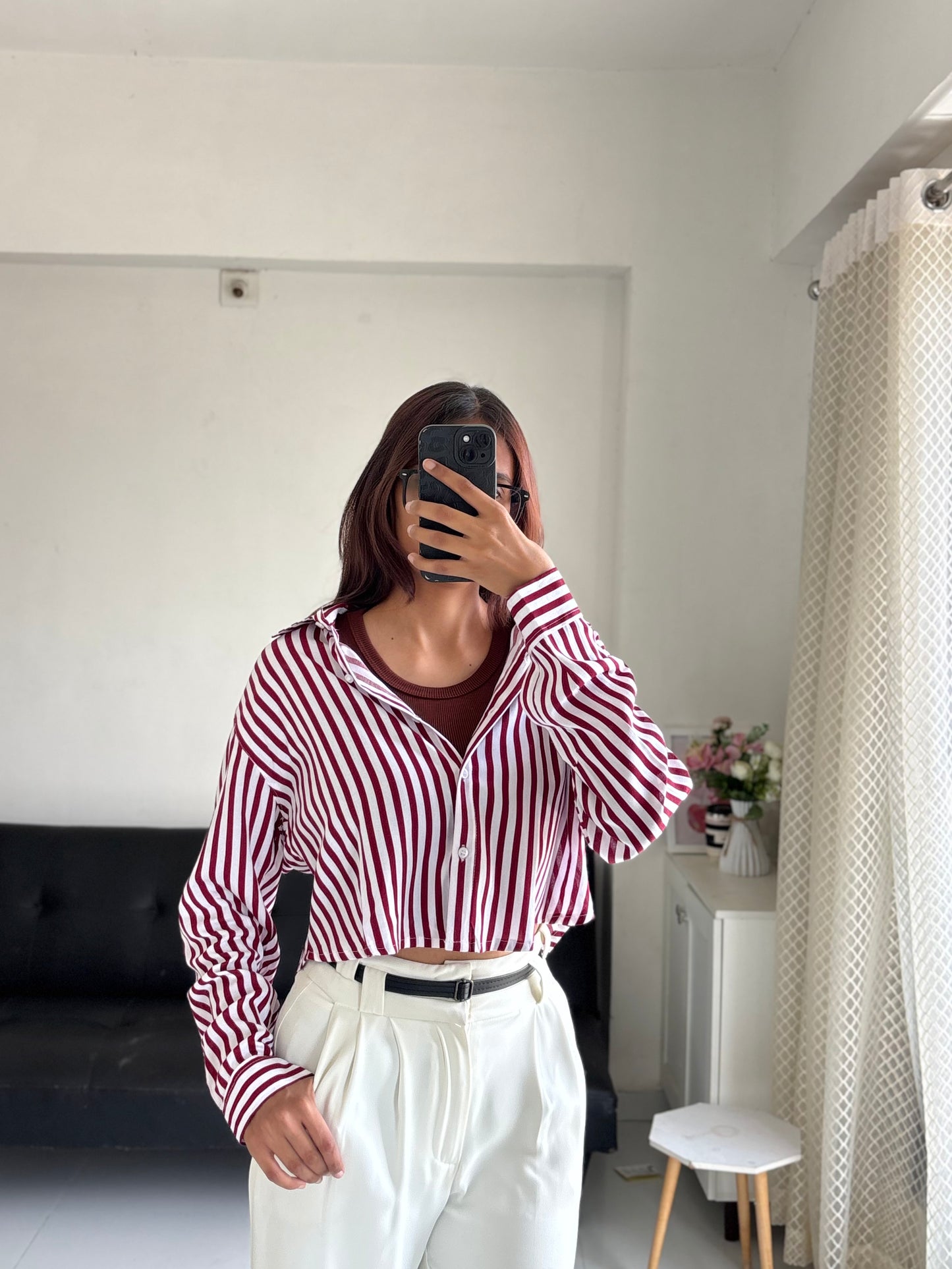 Berry Red Striped Crop Shirt