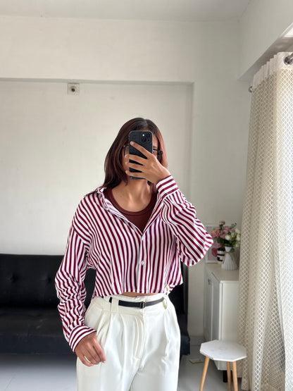 Berry Red Striped Crop Shirt