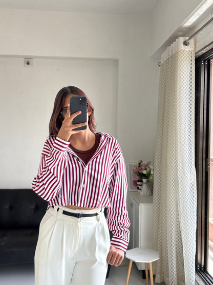 Berry Red Striped Crop Shirt