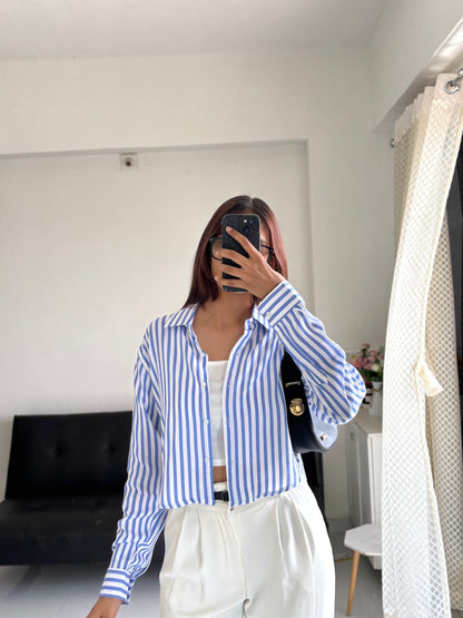 Blue Striped Crop Shirt