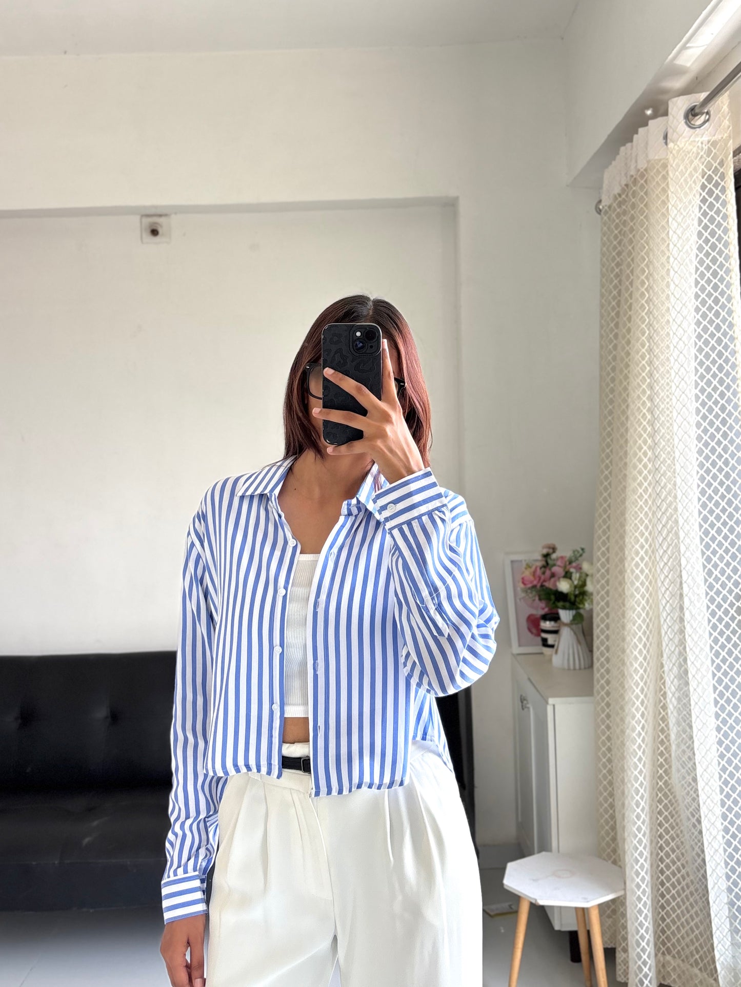 Blue Striped Crop Shirt