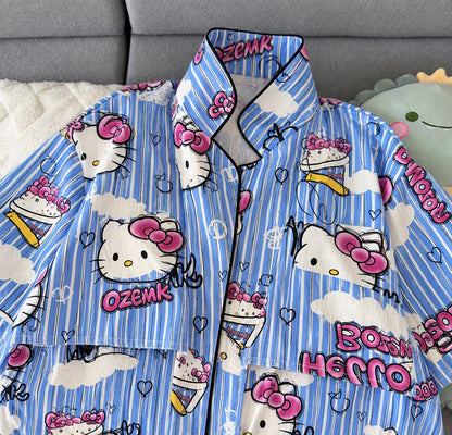 Blue Kitty Striped Padded 3 Piece Night Suit