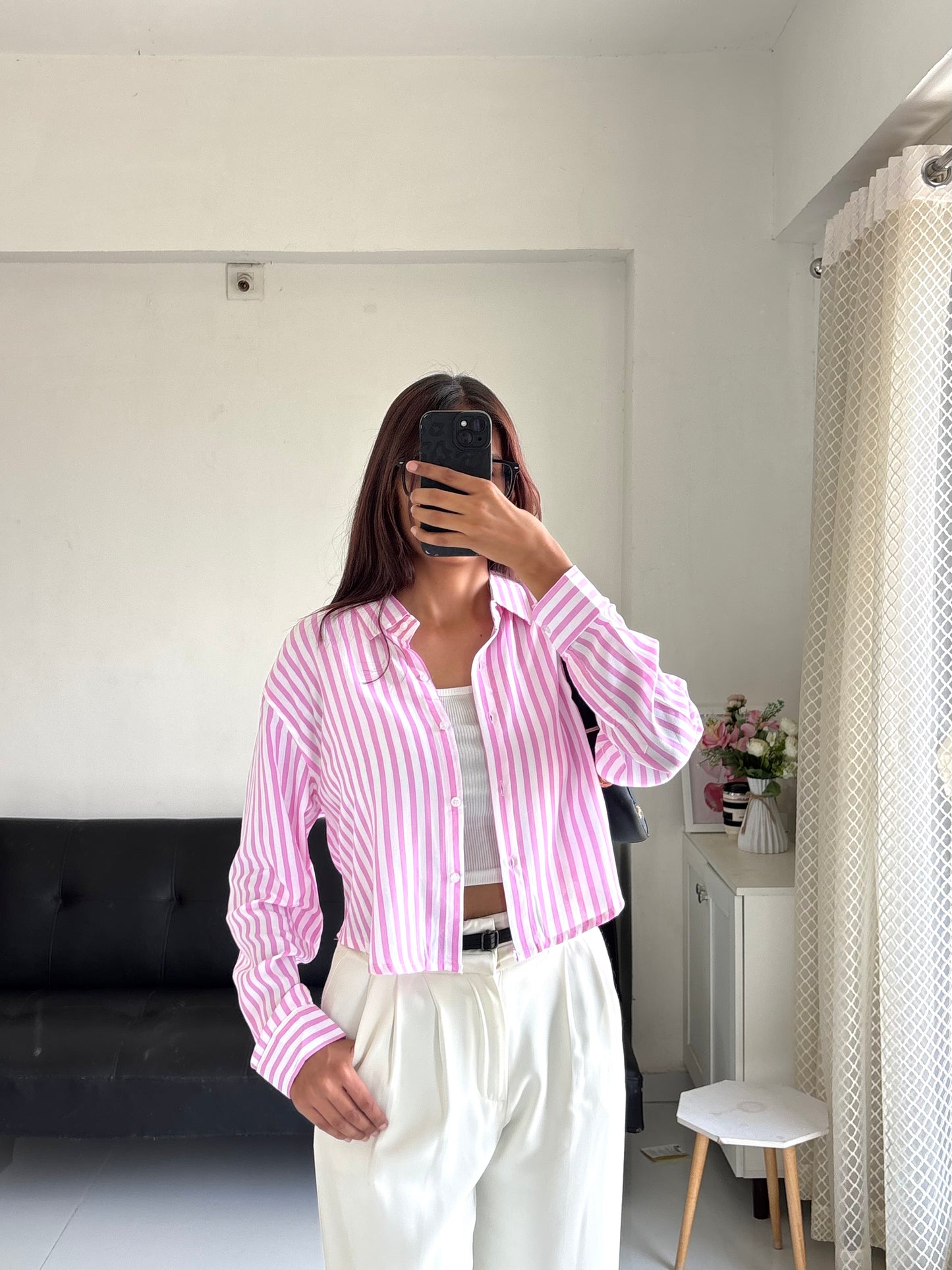 Pink Striped Crop Shirt