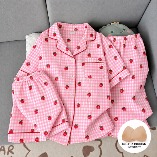 Pink Strawberry Padded 3 Piece Night Suit