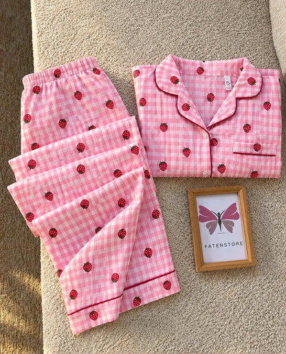 Pink Strawberry Padded 3 Piece Night Suit