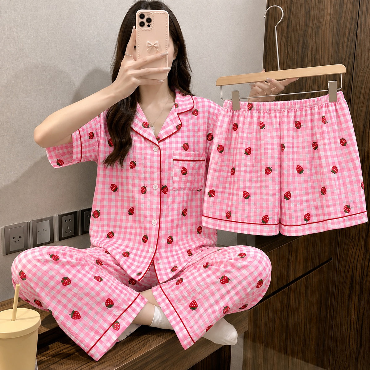 Pink Strawberry Padded 3 Piece Night Suit