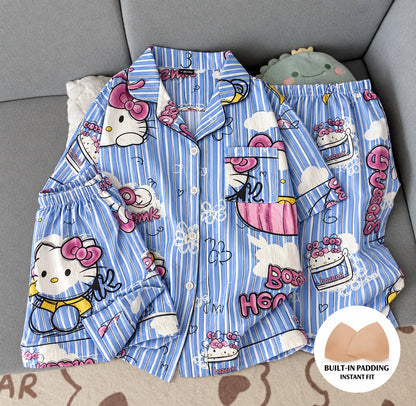 Blue Kitty Striped Padded 3 Piece Night Suit