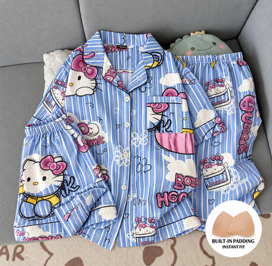 Blue Kitty Striped Padded 3 Piece Night Suit