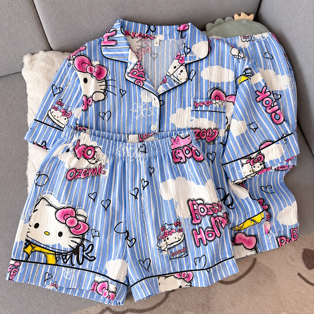 Blue Kitty Striped Padded 3 Piece Night Suit