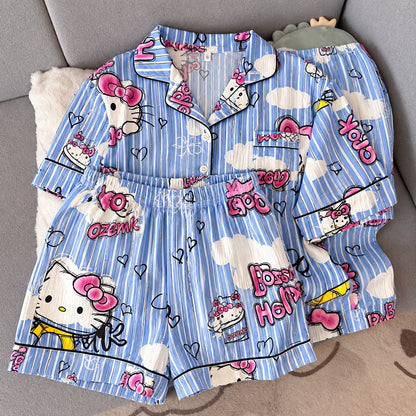 Blue Kitty Striped Padded 3 Piece Night Suit